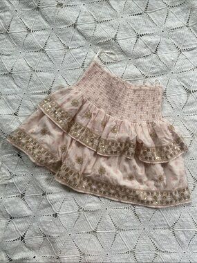A La Plage Adorable pink and gold cotton and sequin tiered skirt